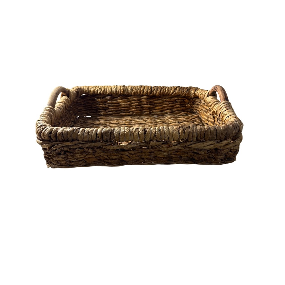 Natural Woven Seagrass Tray Rectangular Basket with Wood Handles Brown 17x13